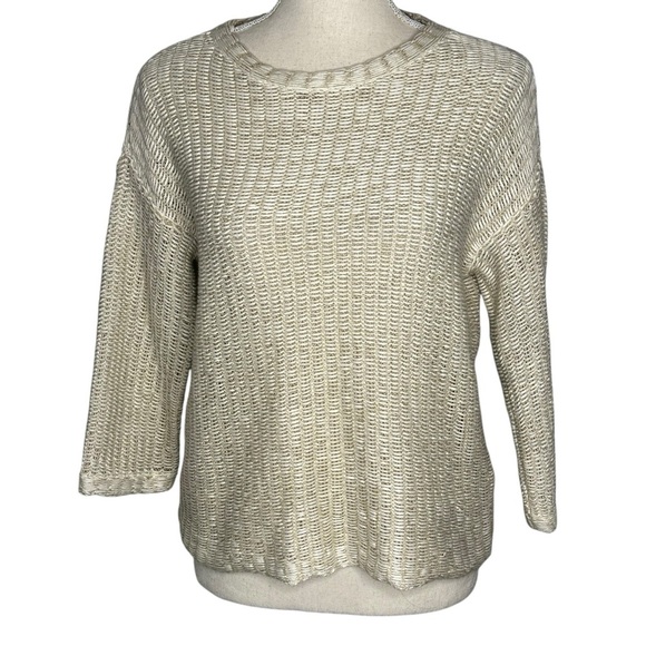 Eileen Fisher‎ Open Knit Sweater Box Top Bone Organic Cotton Linen Petite - Picture 1 of 7